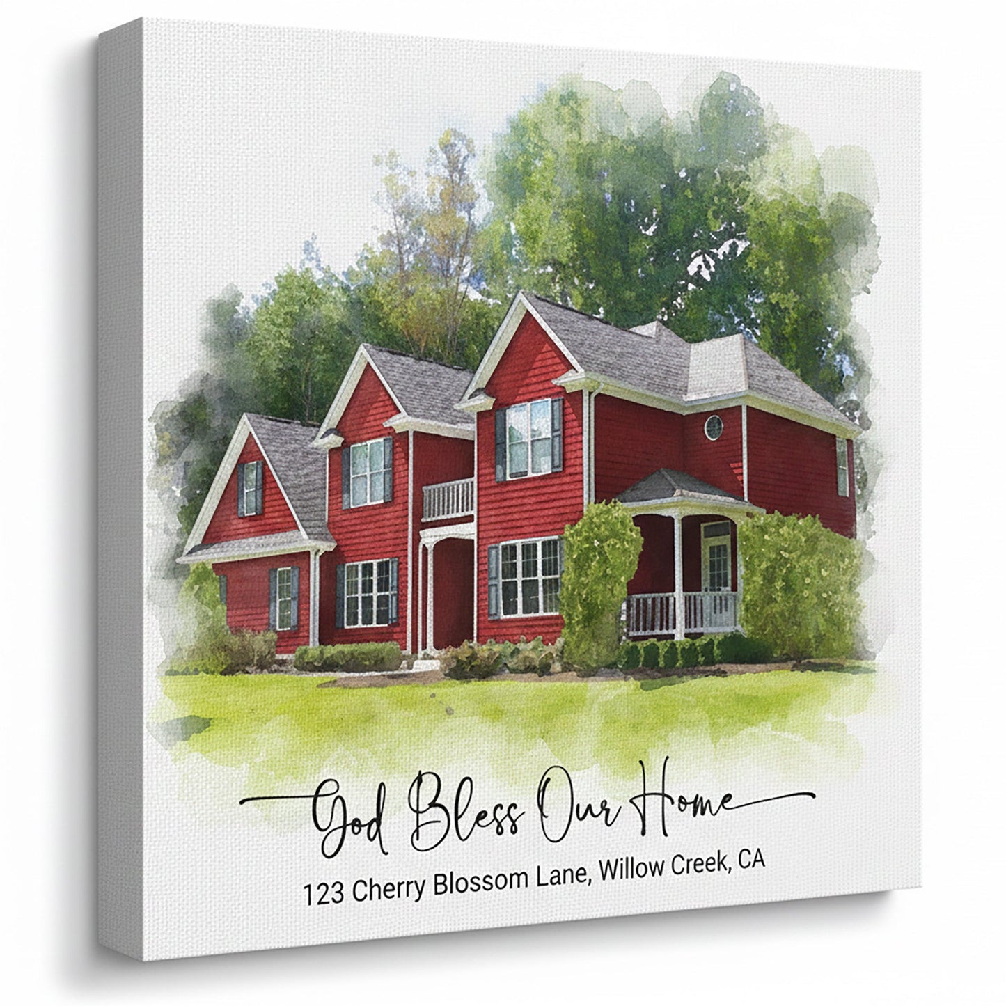 Canvas print of a red house with 'God Bless Our Home' text and address.
