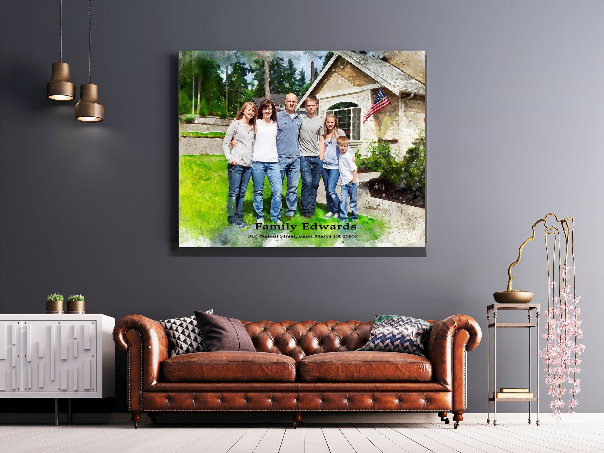 House Portrait in Watercolor style hangs on a wall above a sofa
