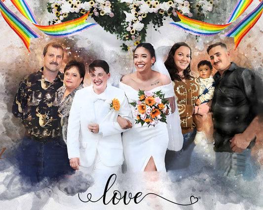 🌈 A beautiful custom portrait of an LGBTQ wedding, created as a meaningful LGBTQ gift. People dance joyfully under vibrant rainbow-colored decorations.