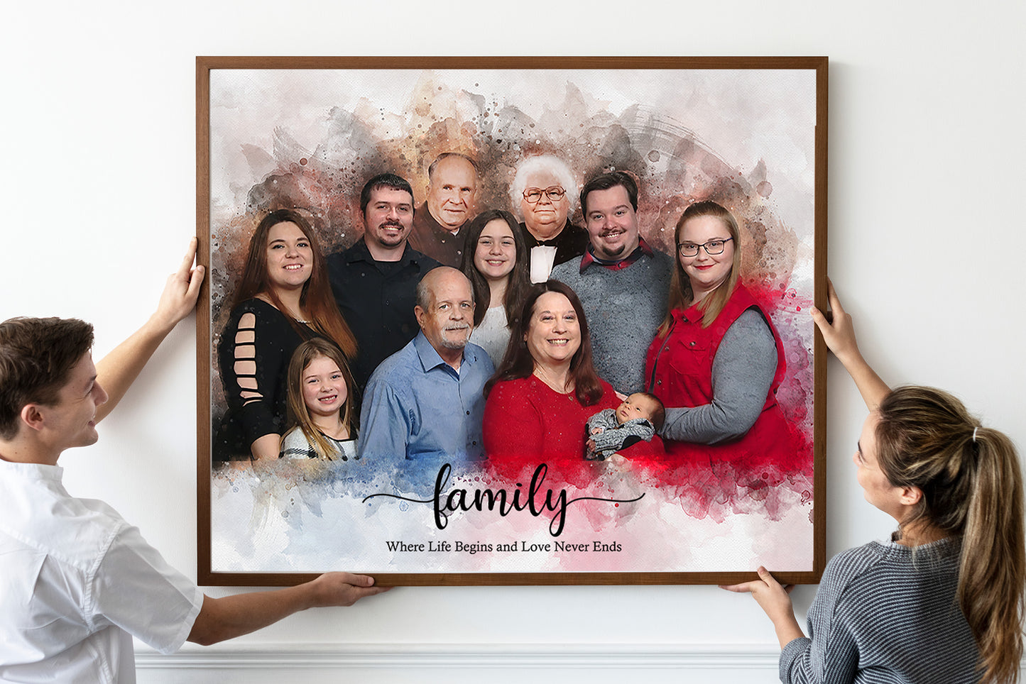 great-grandparents, grandparents, parents, children, including newborns, in a framed painting hung by grandkids, FromPicToArt
