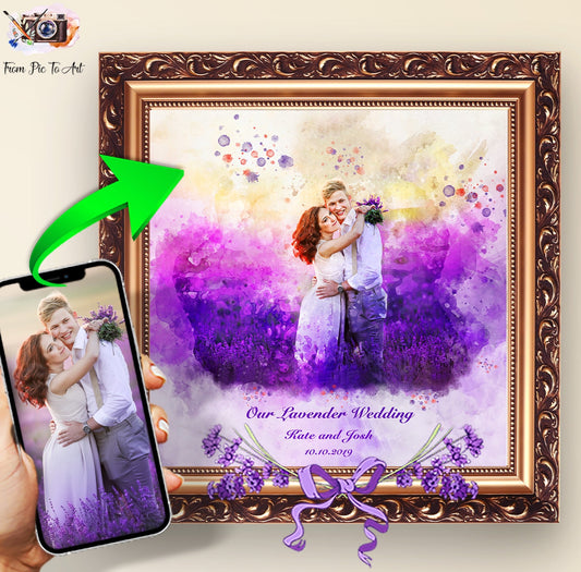 Romantic wedding anniversary portrait of a couple in a lavender field, transformed from a photo. Features 'First Anniversary Gift | Romantic Couple Painting | Unique 1st Anniversary Gift' by FromPicToArt