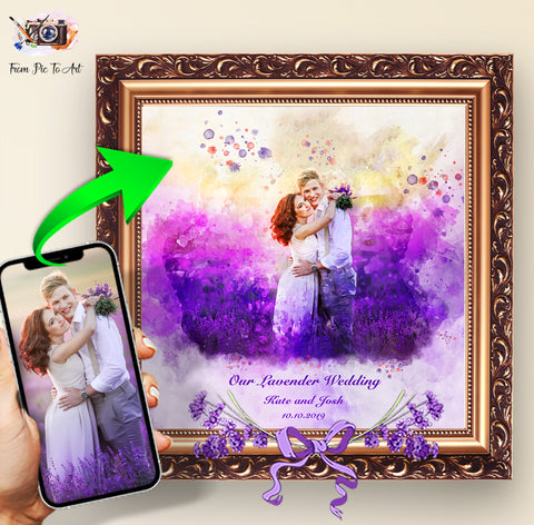 Lavender Field Hugging Couple Custom Wedding Portrait on Canvas with Personalized Date - FromPicToArt