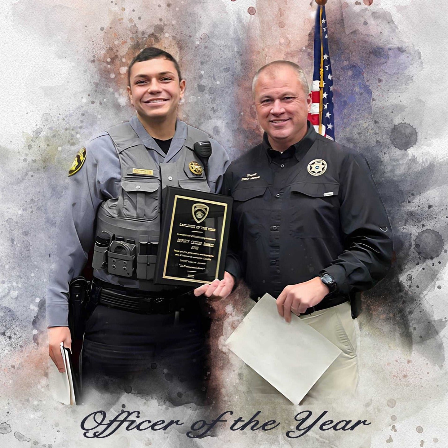 Law Enforcement Gift. A custom-painted portrait with two law enforcement officers in front of the US flag showing their award.
