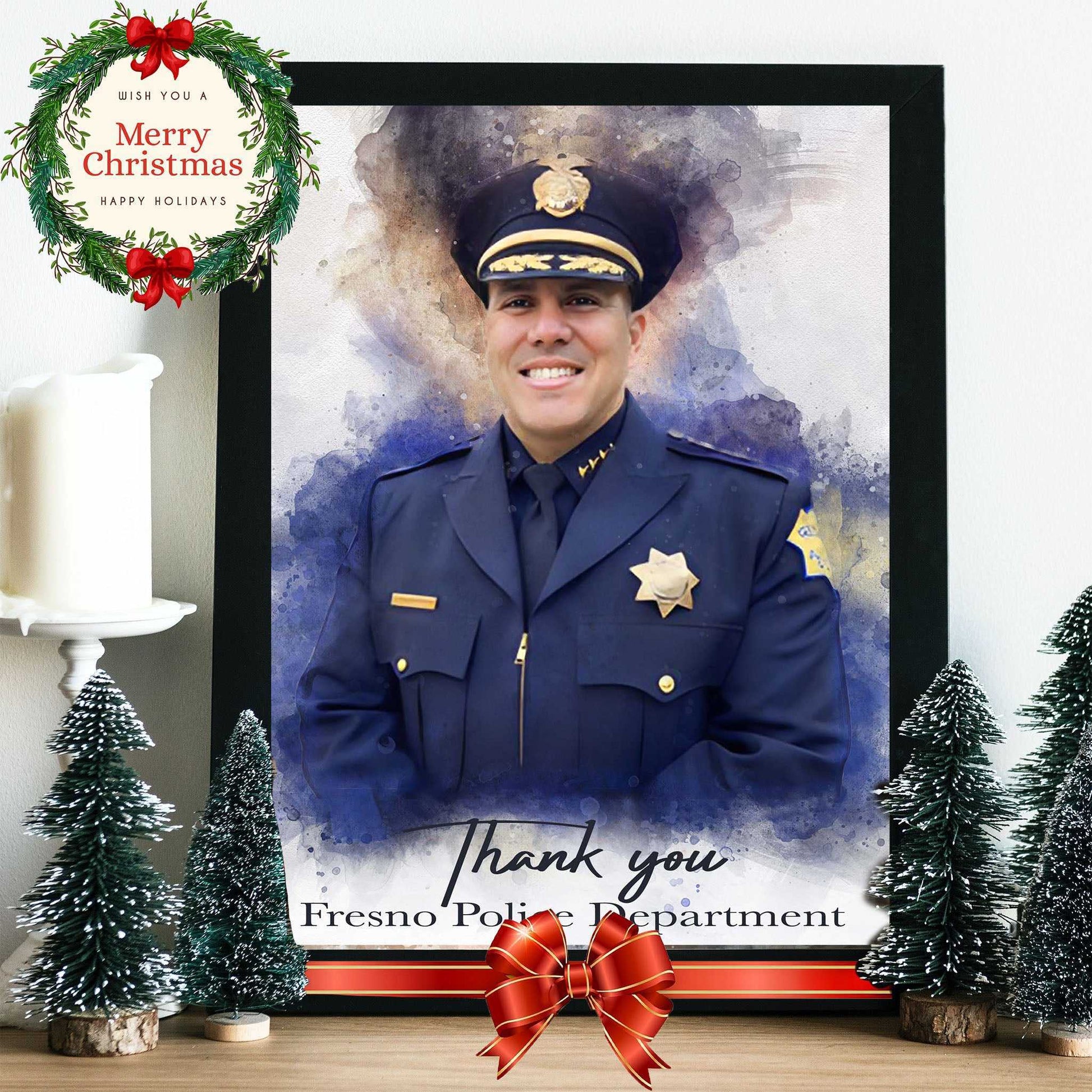 A law enforcement officer painted on canvas with a black frame decorated as a Christmas gift.
