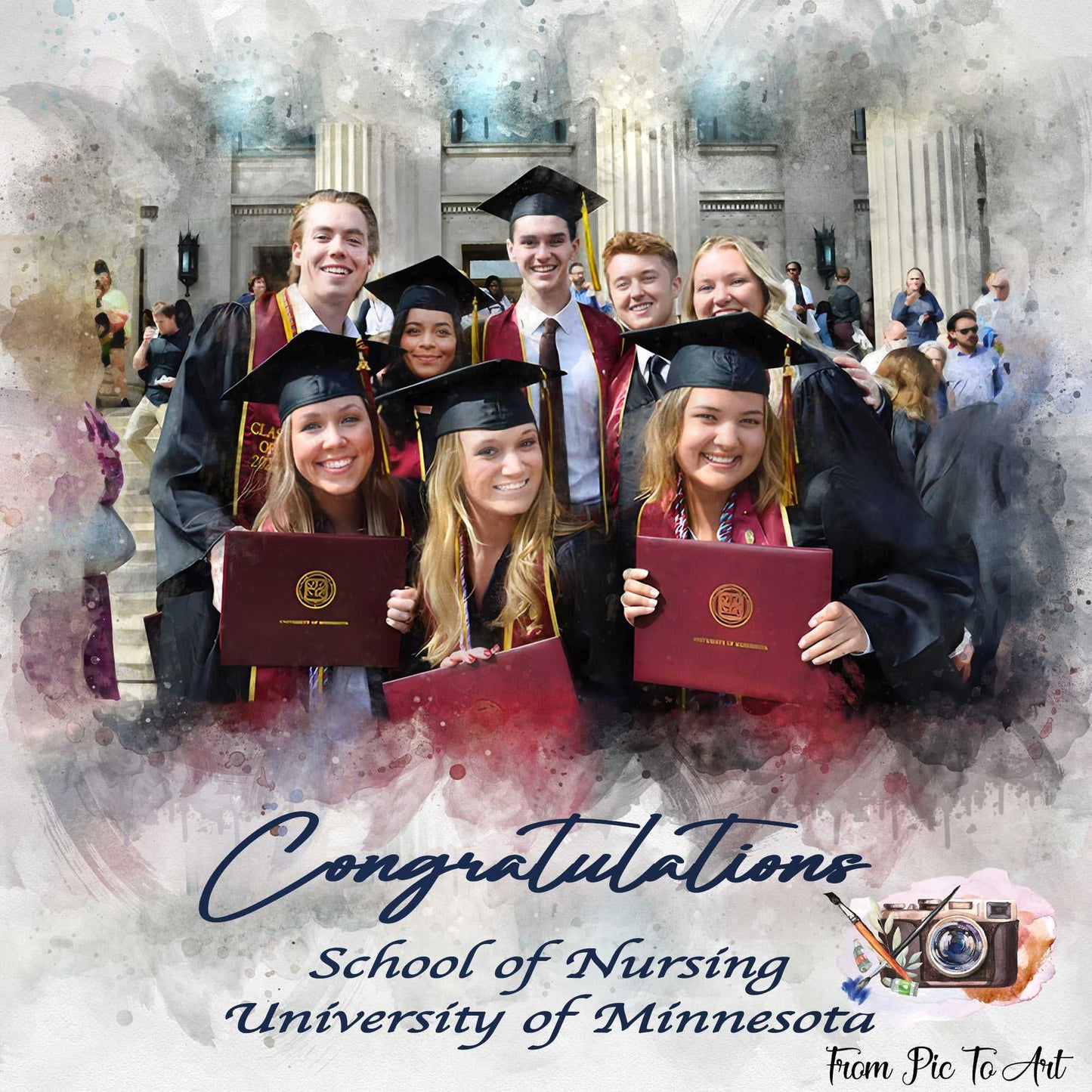A custom portrait as a nurse graduation gift shows a couple of happy graduates.