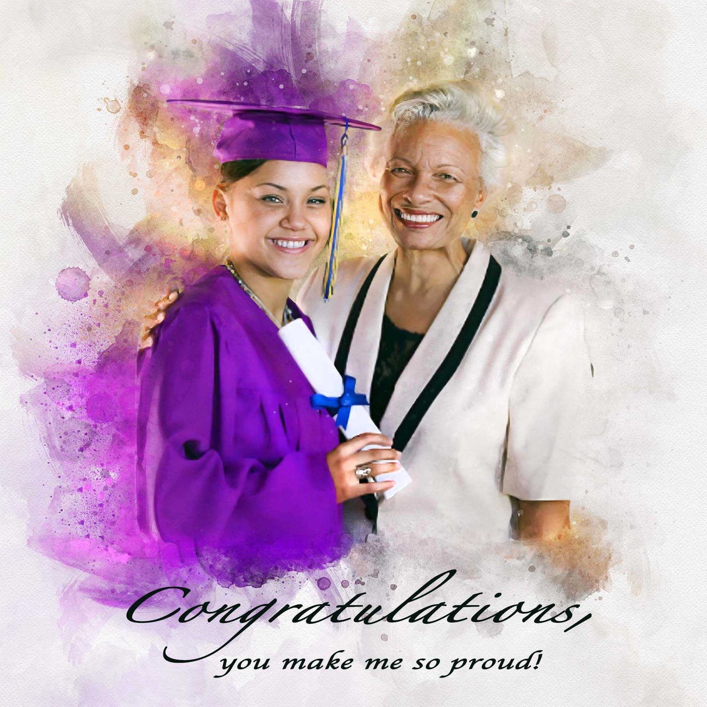 A custom painted portrait as a nurse graduation gift shows a young female graduate with her mother 