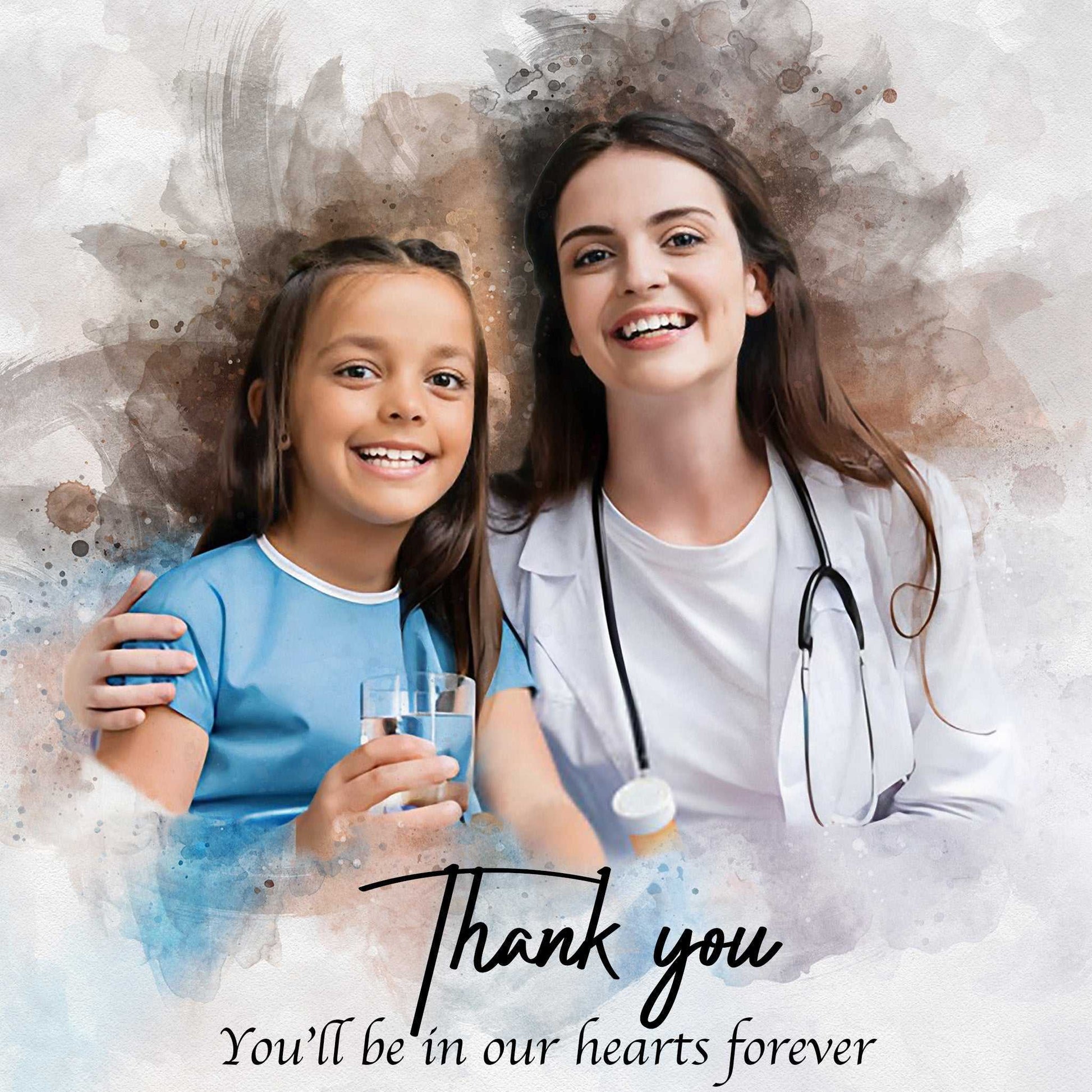 A custom portrait as a nurse graduation gift shows a young graduate with her little sister