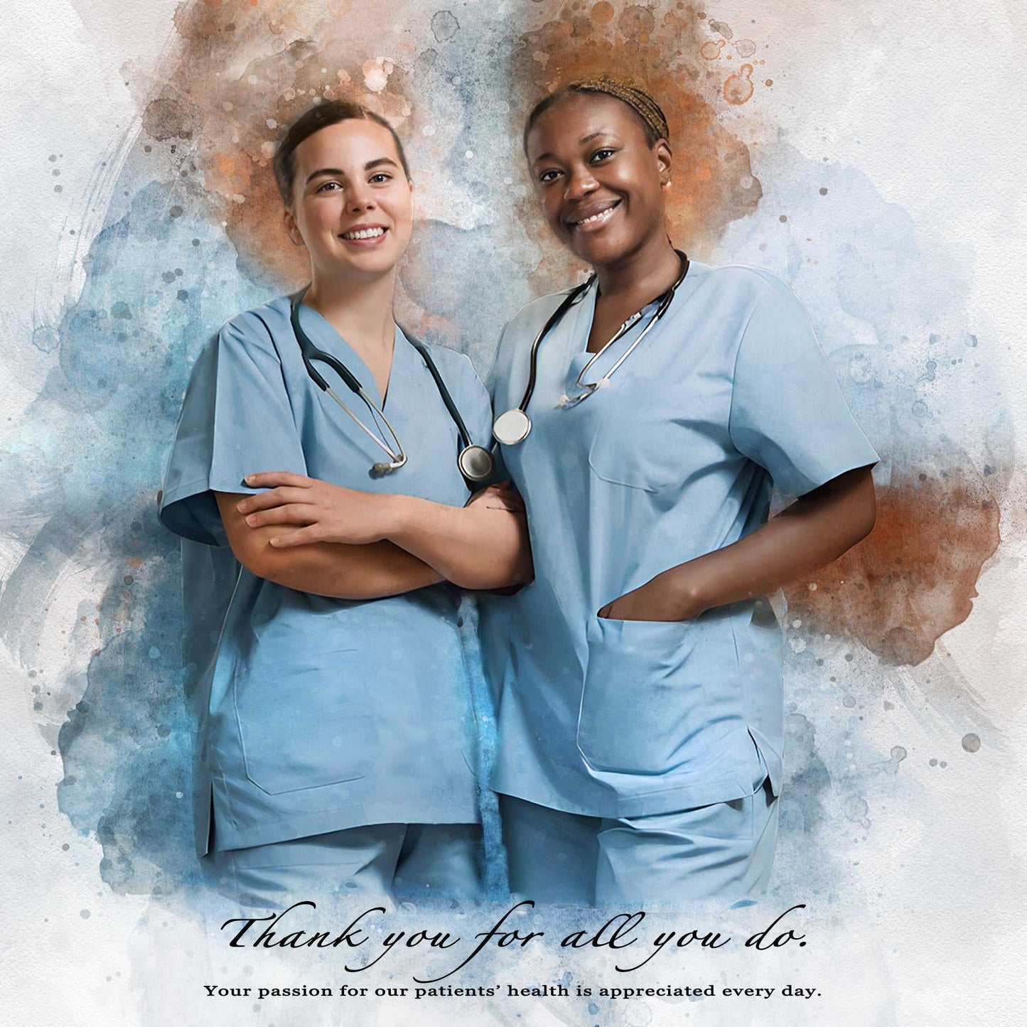 Two nurses staying next to each other and smile