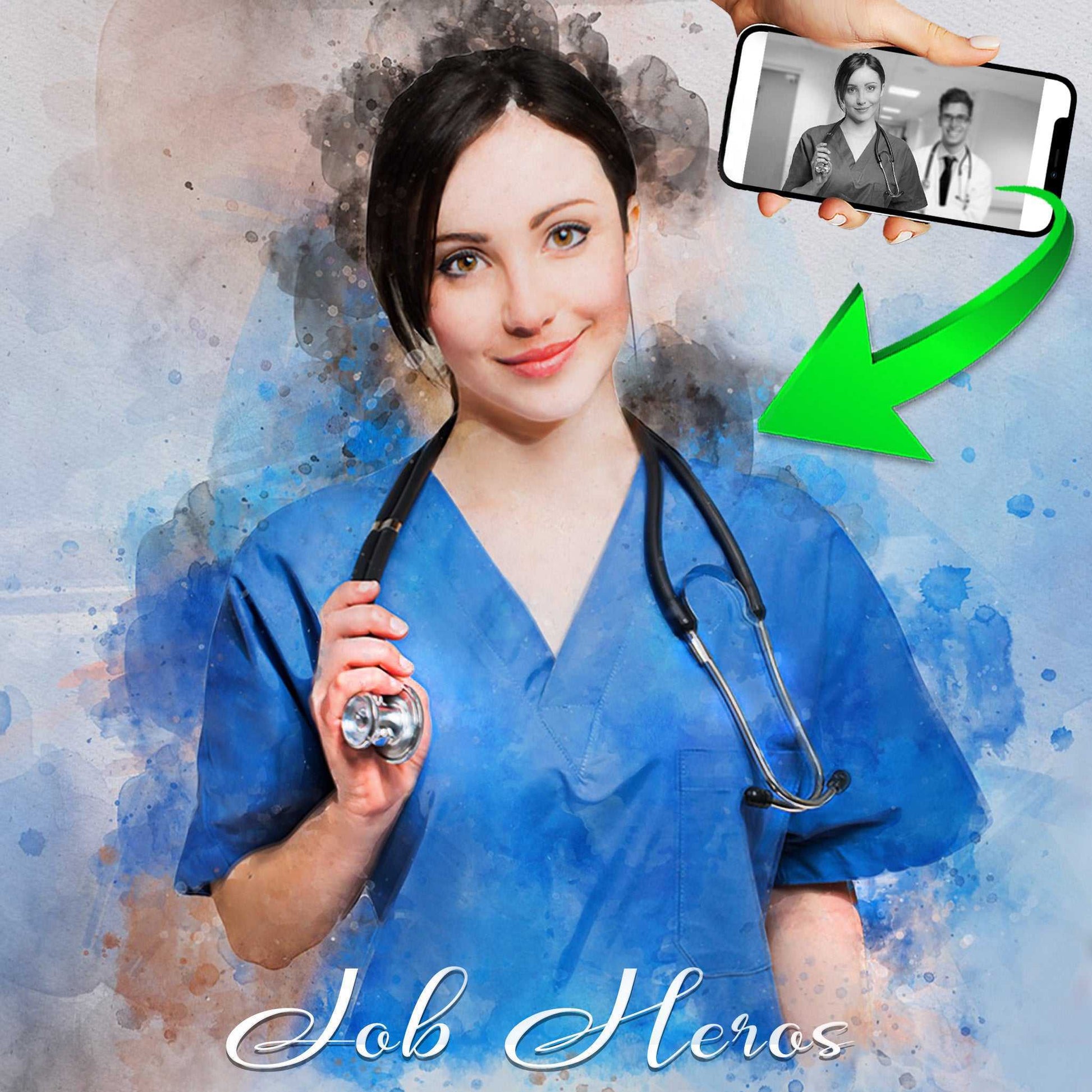 A young nurse in a blue outfit painted on canvas