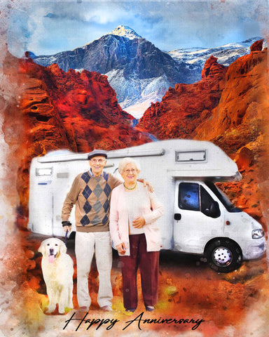 Anniversary portrait of a couple holding each other in front of a motorhome and scenic landscape - by FromPicToArt