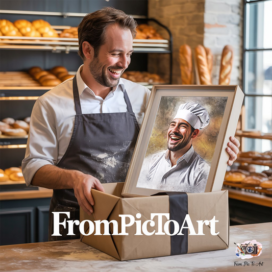 Man in a bakery holding a framed Painting of himself, with 'FromPicToArt' branding.