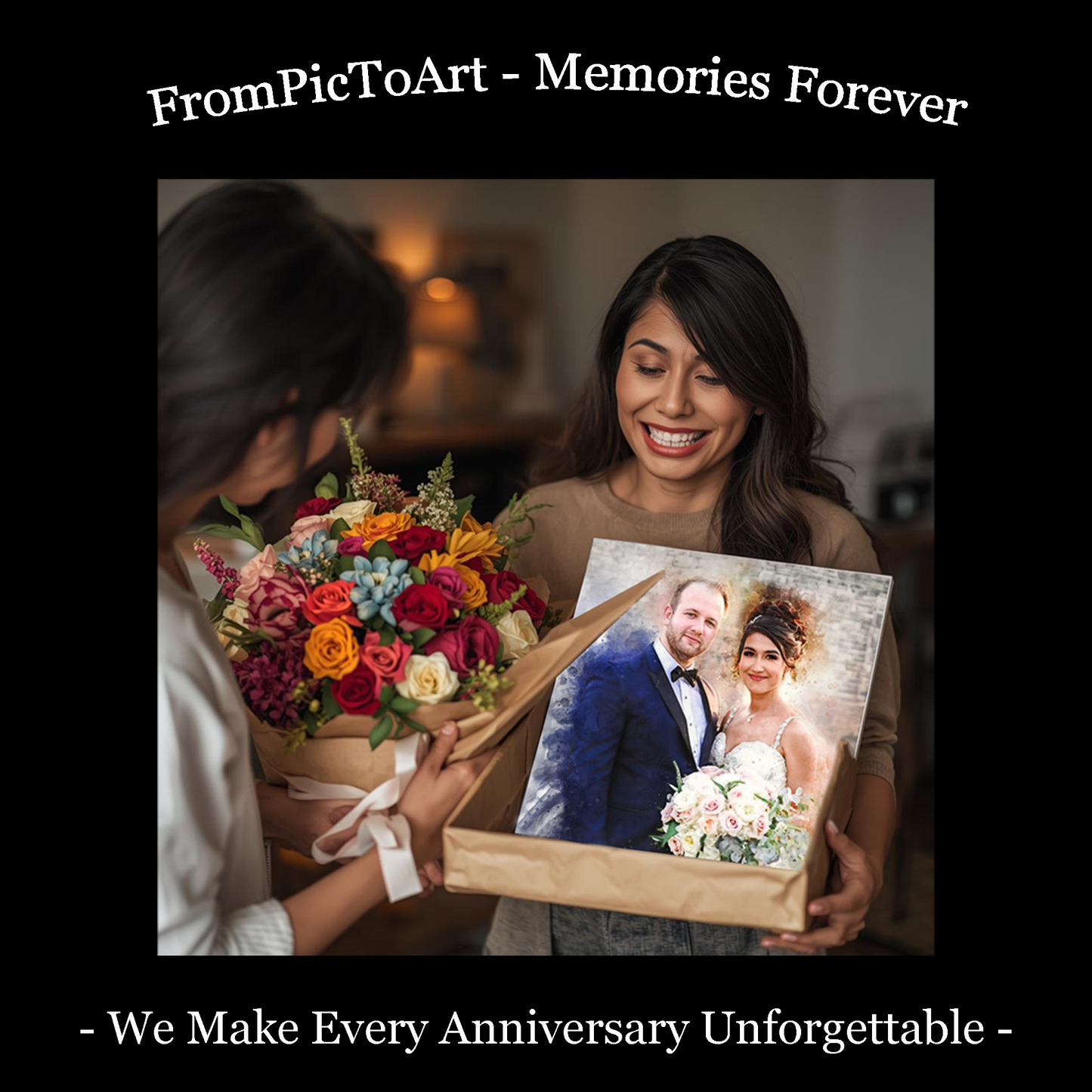 A smiling woman receiving a framed wedding portrait of her and her husband on their wedding day.