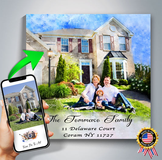 A "Realtor Closing Gifts" example: a watercolor-style family painting of two adults and a child sitting in front of a house, with "The Tommaso Family" and an address below. A hand holds a phone showing the original photo, connected by a green arrow, with a "Made in USA" badge.