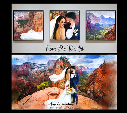Wedding portrait by FromPicToArt featuring a couple at Angel's Landing in Zion Canyon, described as a breathtaking and meaningful anniversary gift