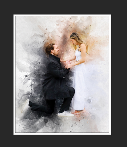 Romantic engagement scene with man on one knee proposing, while woman holds his hand and says 'yes, I do.' Custom engagement painting by FromPicToArt