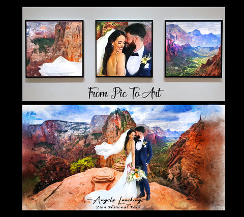 Romantic wedding couple in love at Angel's Landing in Zion Canyon, beautifully captured in a custom portrait, personalized wedding art by FromPicToArt