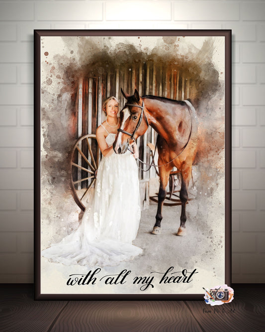 Framed artwork of a woman in a white dress standing next to a horse with a rustic background.