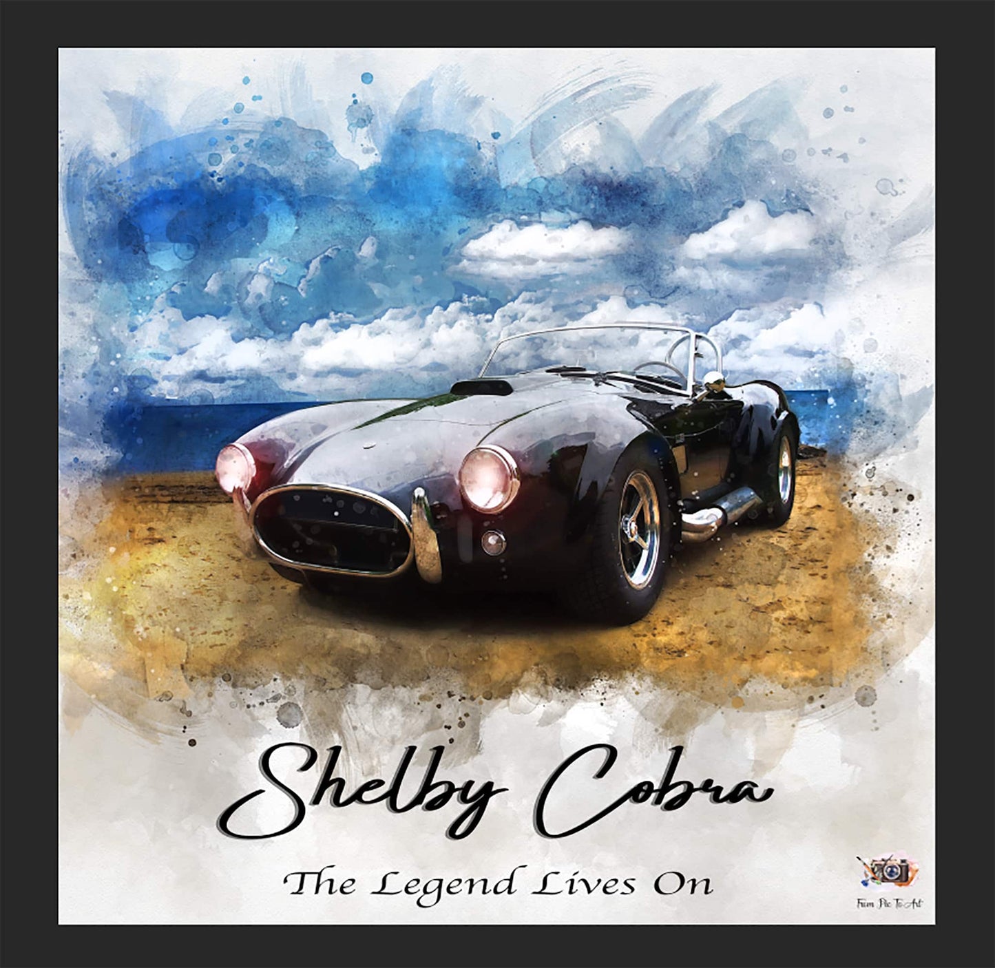 Vintage Shelby Cobra car on a watercolor background with 'Shelby Cobra: The Legend Lives On' text.