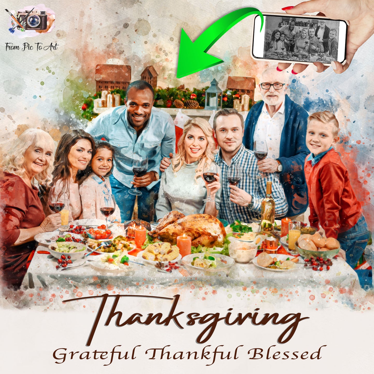Family gathering at a Thanksgiving dinner with a smartphone showing a family photo above them.