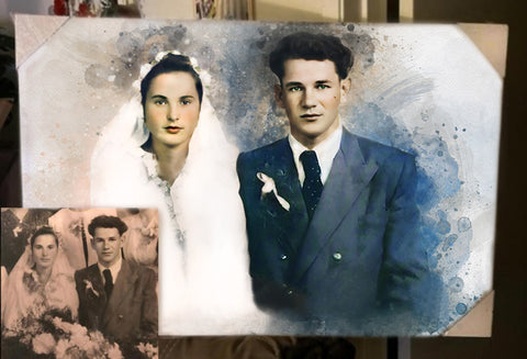 Transform old black-and-white blurry WW2 wedding photo of my grandparents into a restored and recolored portrait by FromPicToArt