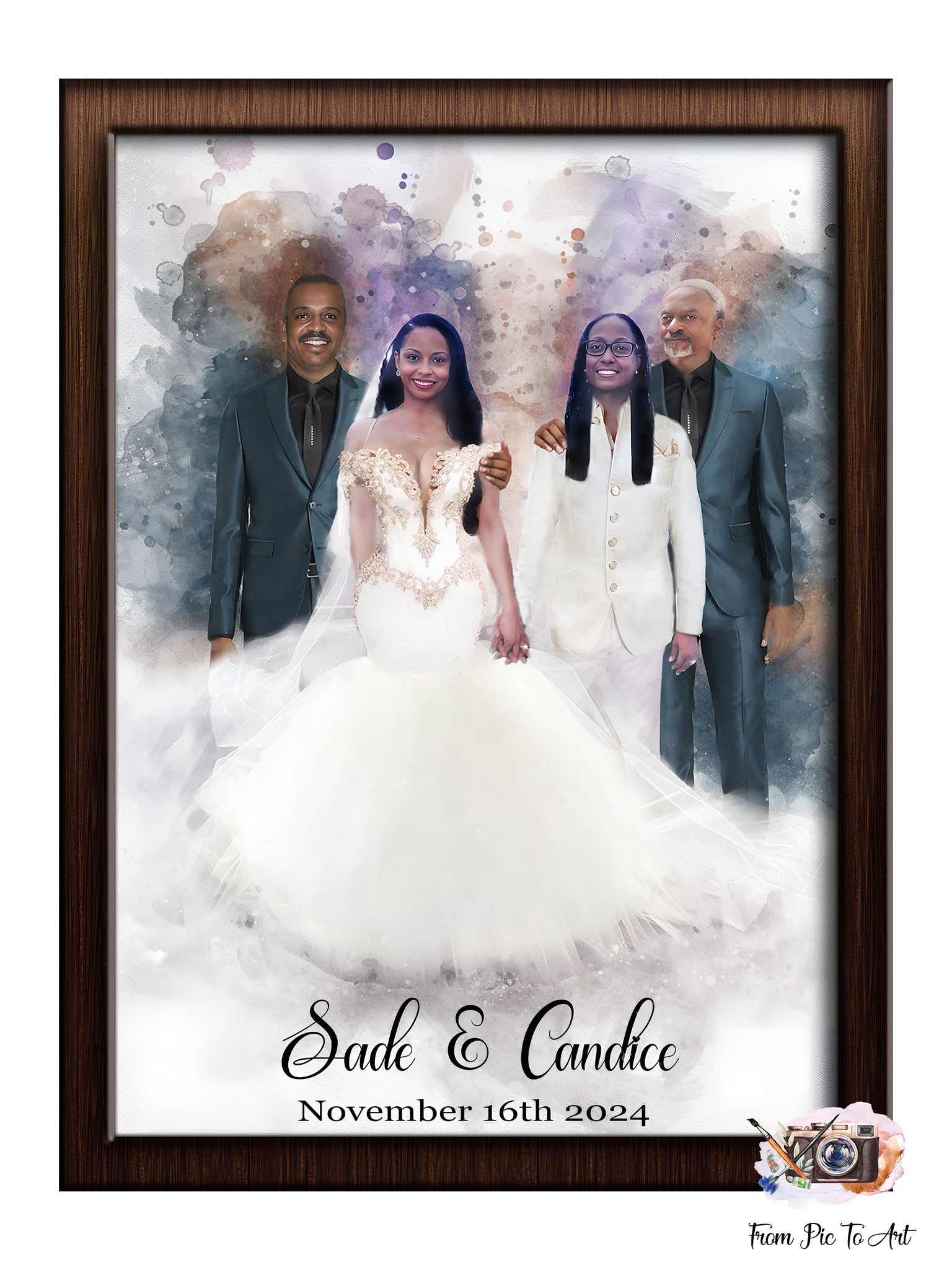 Two_brides_in_elegant_white_wedding_dresses_celebrating_their_same-sex_rainbow-themed_wedding_with_their_proud_fathers_by_their_side_LGBTQ_Wedding_Gift_idea_by_FromPicToArt