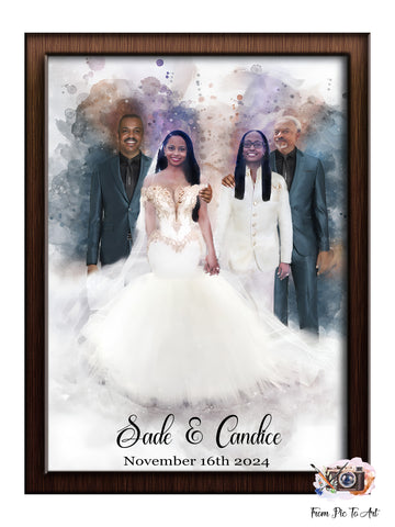 Two_brides_in_elegant_white_wedding_dresses_celebrating_their_same-sex_rainbow-themed_wedding_with_their_proud_fathers_by_their_side_LGBTQ_Wedding_Gift_idea_by_FromPicToArt