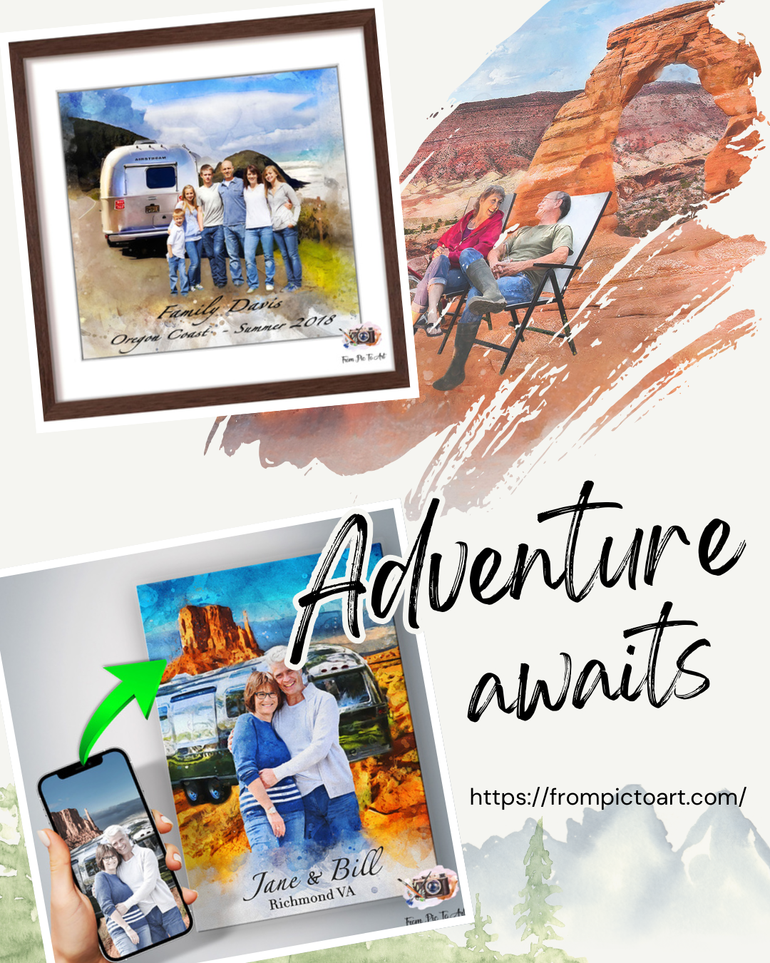 Collage of framed family camping portraits with scenic backgrounds and 'Adventure awaits' text.