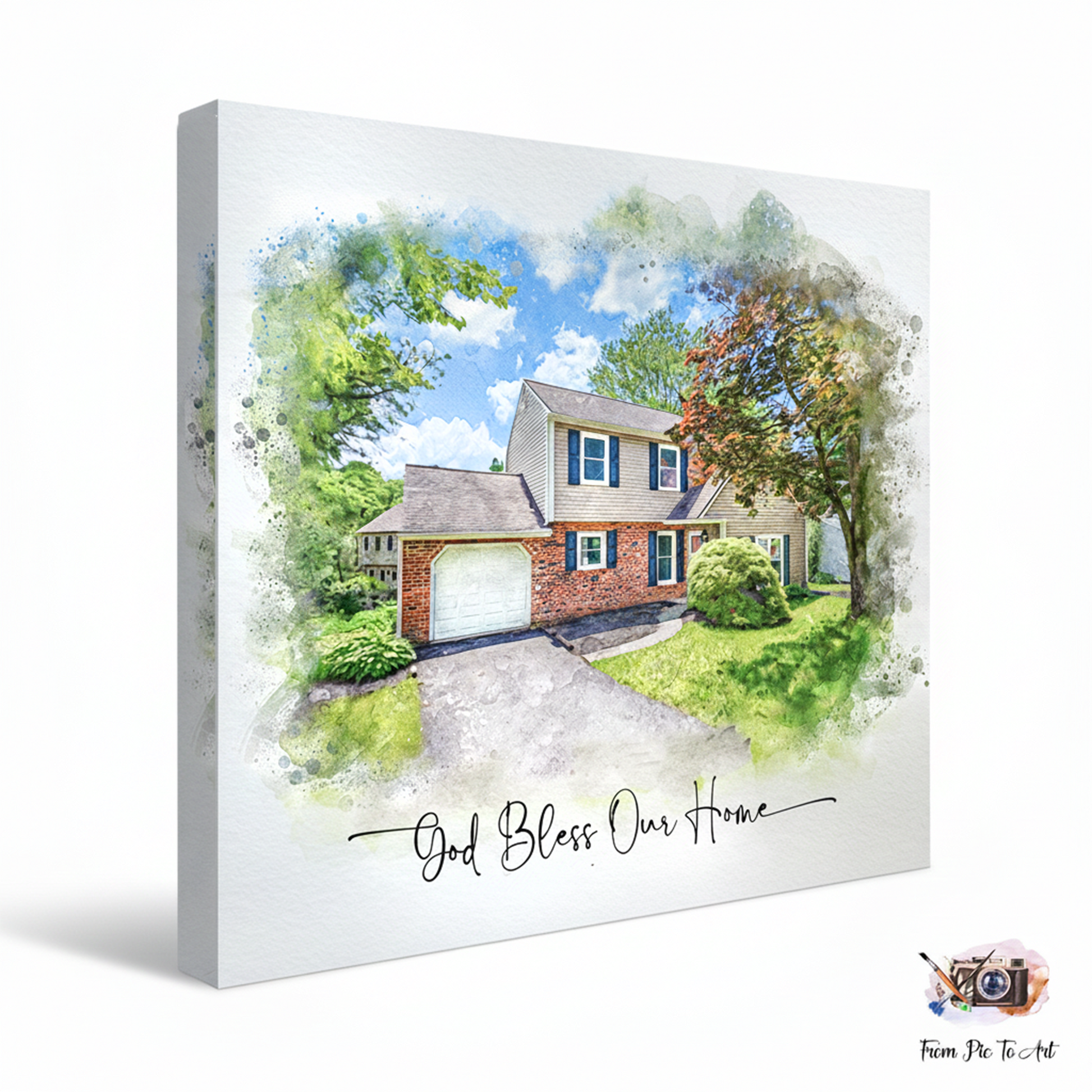 Stretched Canvas print of a house with 'God Bless Our Home' text on a white background