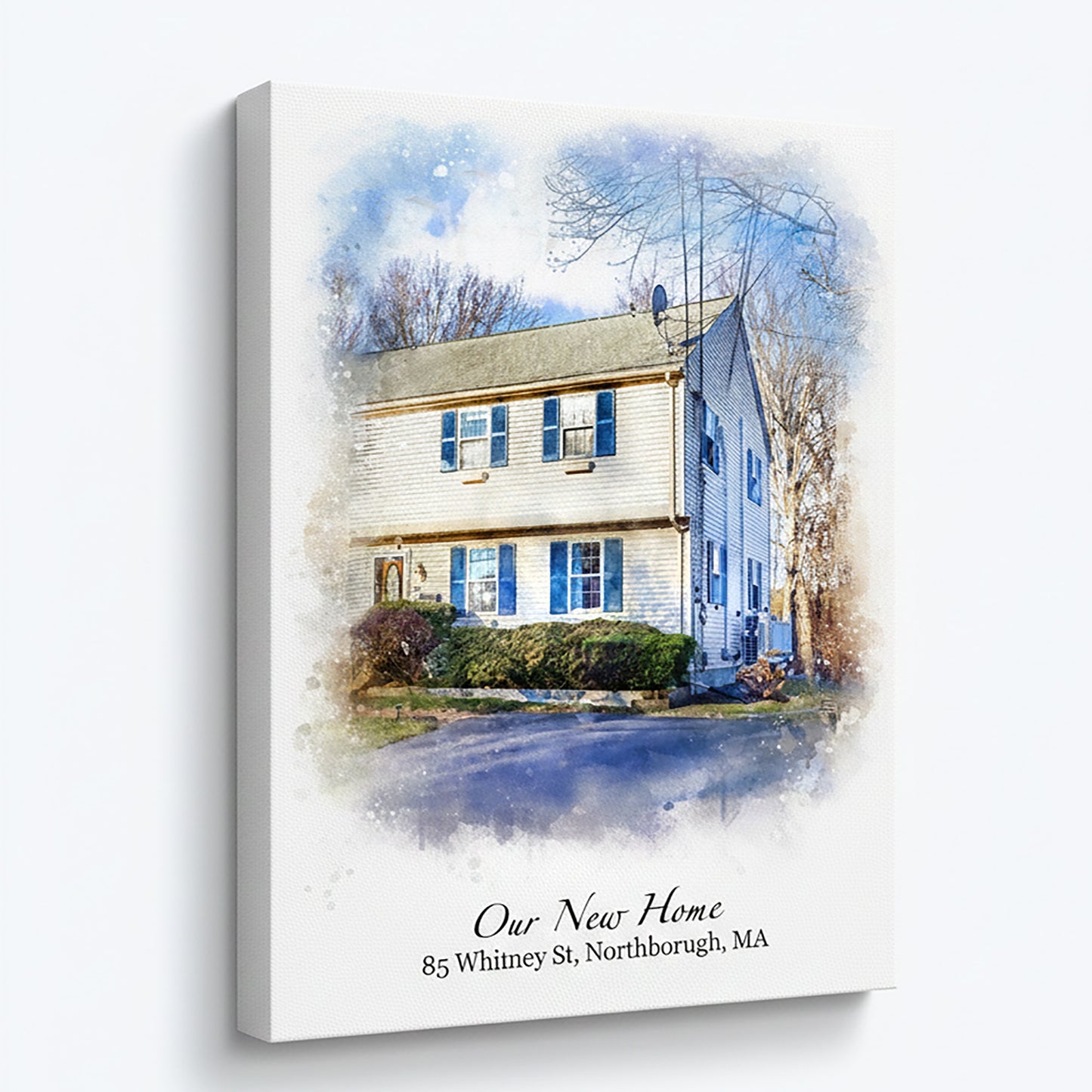Canvas print of a house with blue shutters and text 'Our New Home 85 Whitney St, Northborough, MA' on a white background.
