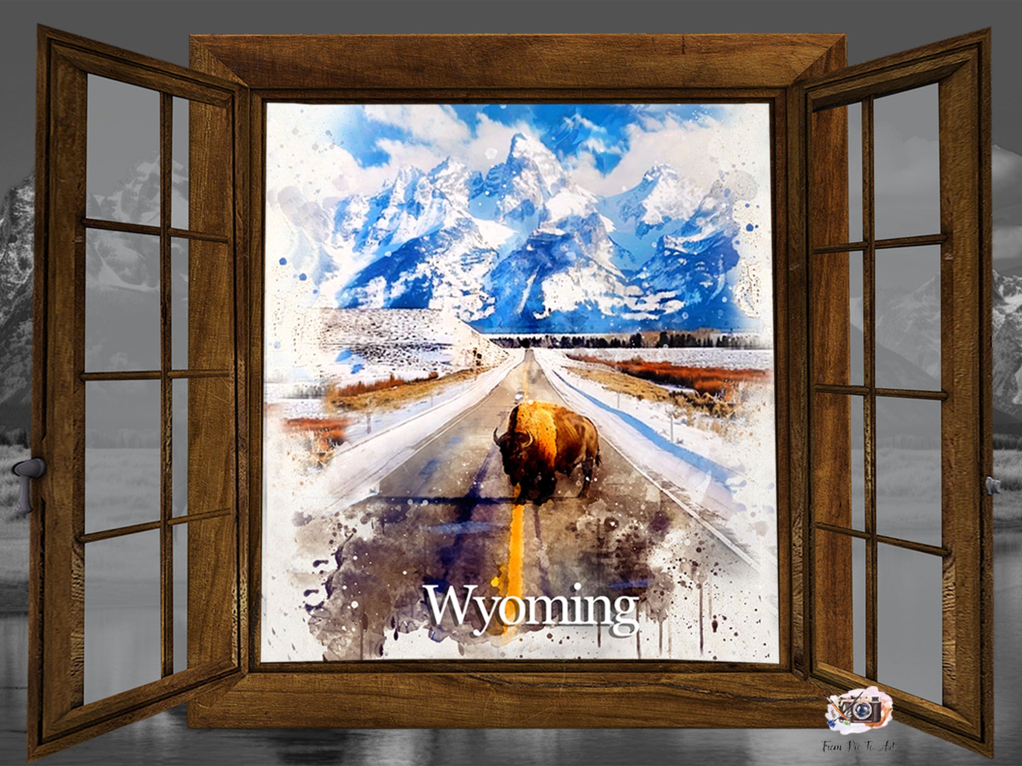 Watercolor Portrait of Wyoming featuring a majestic bison crossing a snowy road, with the iconic Teton mountains in the background, by FromPicToArt.jpg