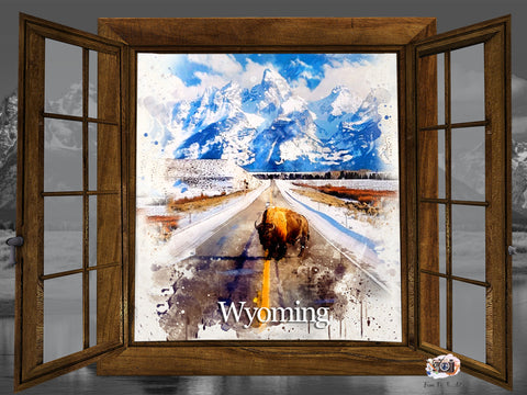 Watercolor Portrait of Wyoming featuring a majestic bison crossing a snowy road, with the iconic Teton mountains in the background, by FromPicToArt.jpg