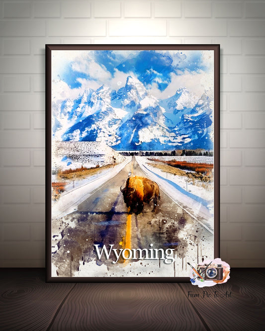 Watercolor_painting_of_Wyoming_featuring_a_majestic_bison_crossing_a_snowy_road_with_the_iconic_Teton_mountains_in_the_background_by_FromPicToArt