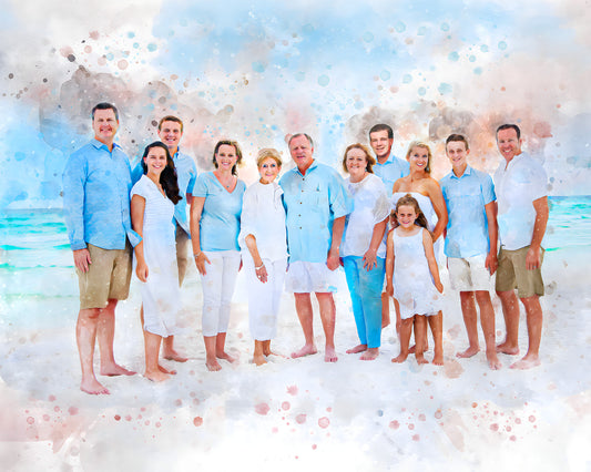 Watercolor_painting_of_a_large_family_reunion_on_a_beach_with_blue_skies_and_ocean_in_the_background_by_FromPicToArt