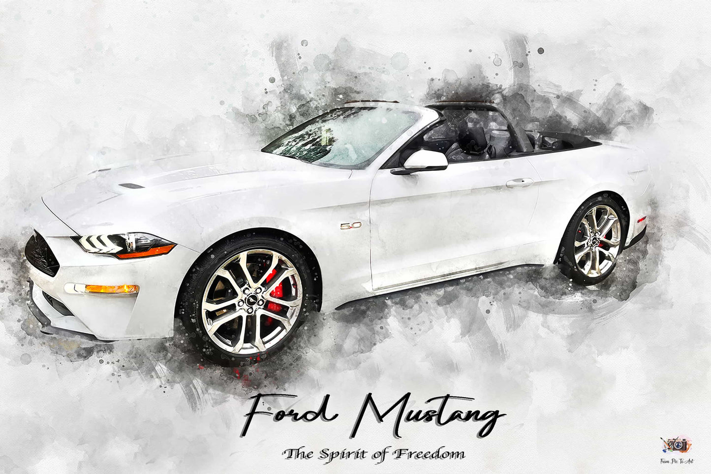 White Ford Mustang with a watercolor effect on a white background