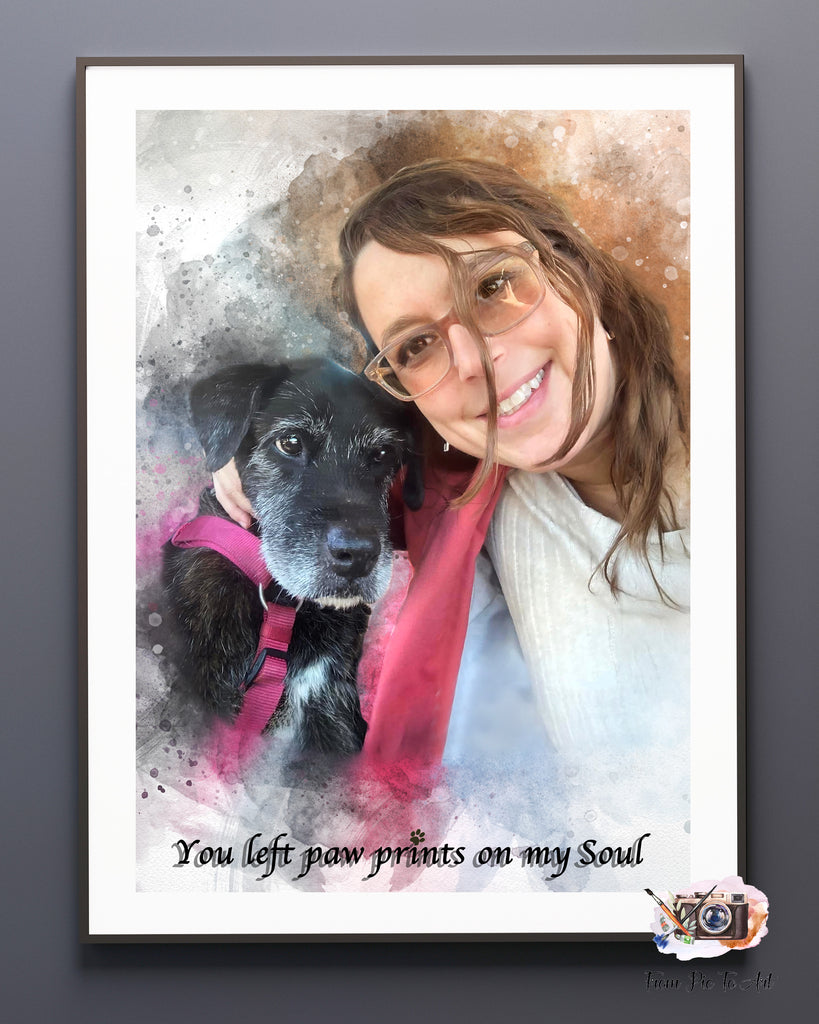 Watercolor_painting_of_a_woman_with_her_black_dog_in_a_pink_harness_captioned_You_left_paw_prints_on_my_Soul_by_FromPicToArt
