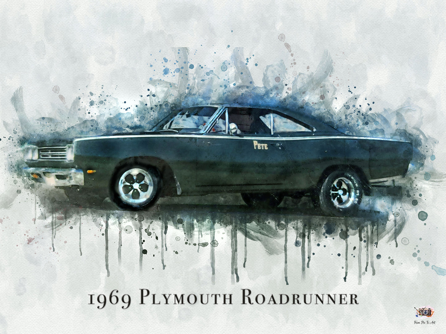 1969 Plymouth Roadrunner car on a watercolor background