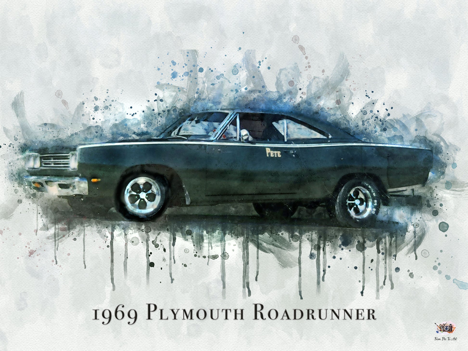 1969 Plymouth Roadrunner car on a watercolor background
