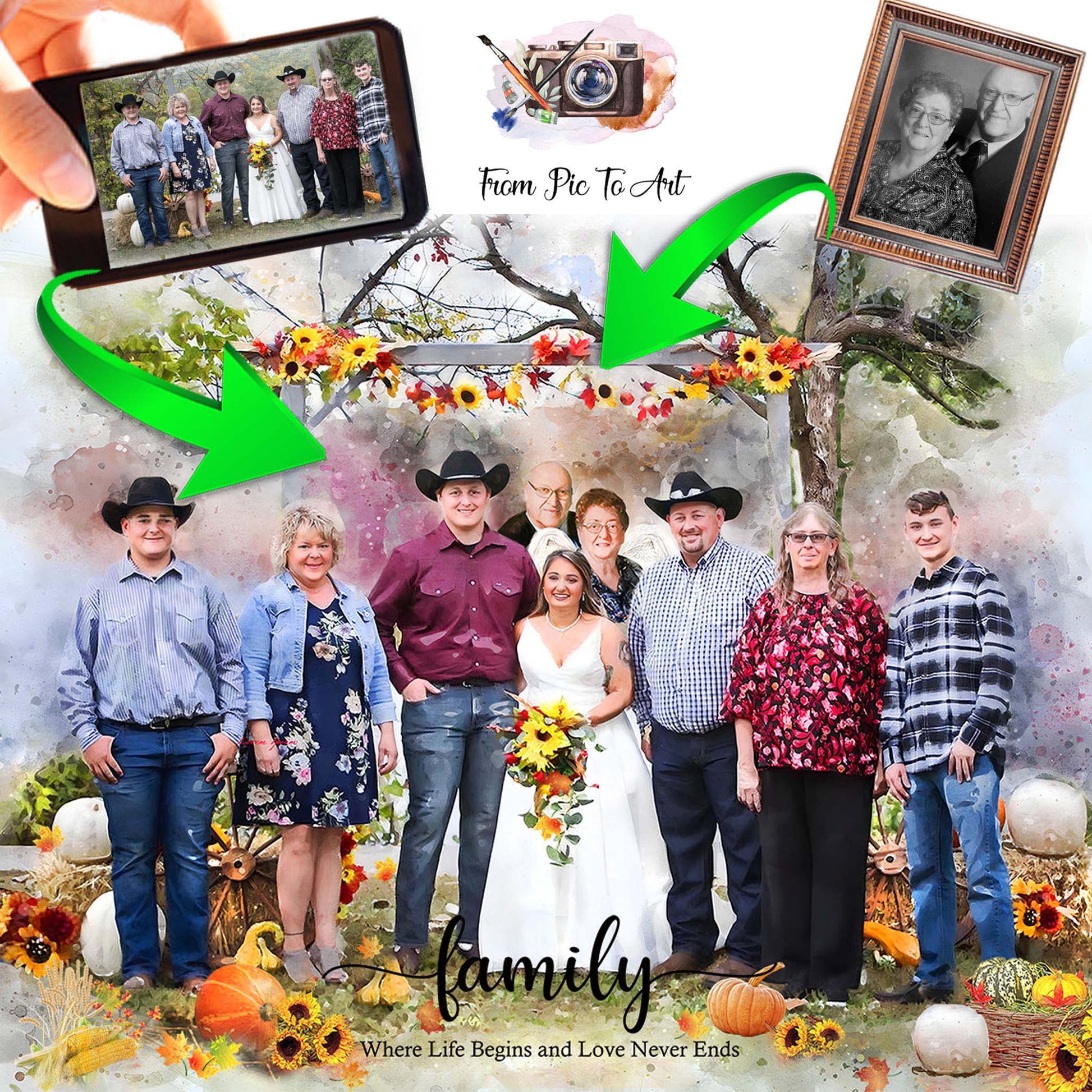 Collage of family wedding photos with pumpkins and sunflowers, featuring a wedding scene and vintage portrait.