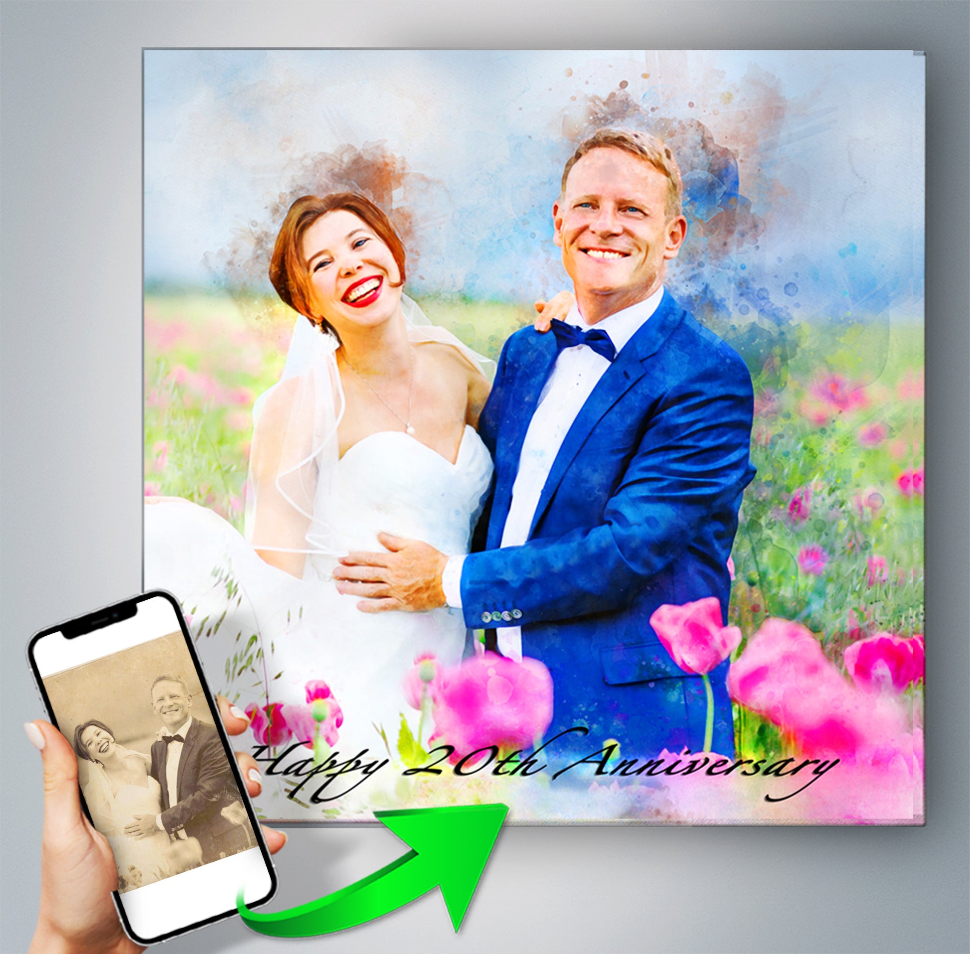 Couple in wedding attire with 'Happy 20th Anniversary' text in a colorful field, held by a person with a phone showing an old photo.