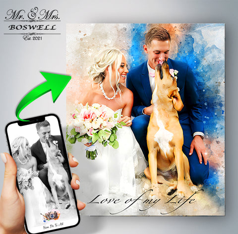 Wedding portrait with a dog and the quote 'You are the love of my life.' Perfect anniversary gift for dog lovers by FromPicToArt