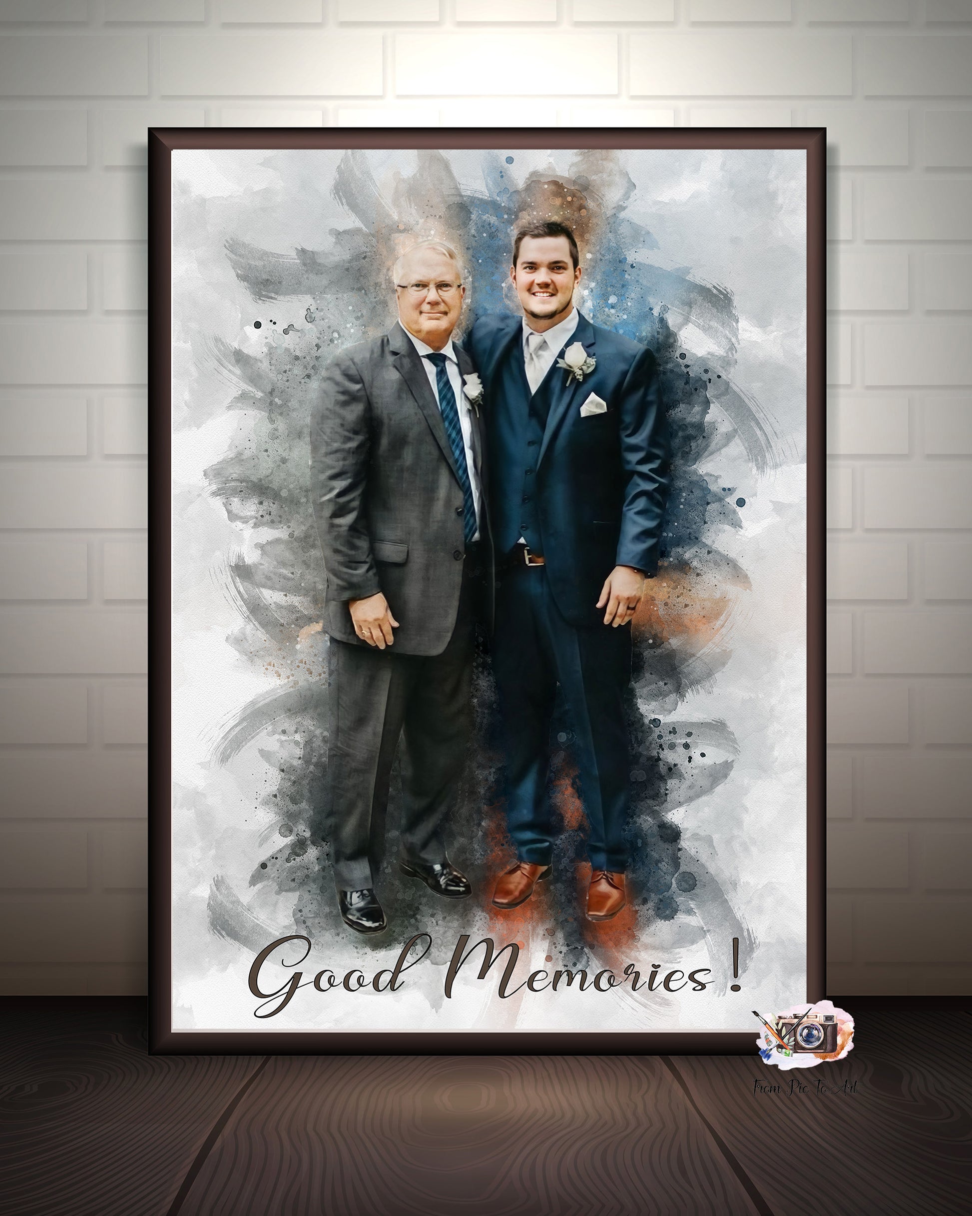 Framed artwork of two men in suits with 'Good Memories!' text on a white background.