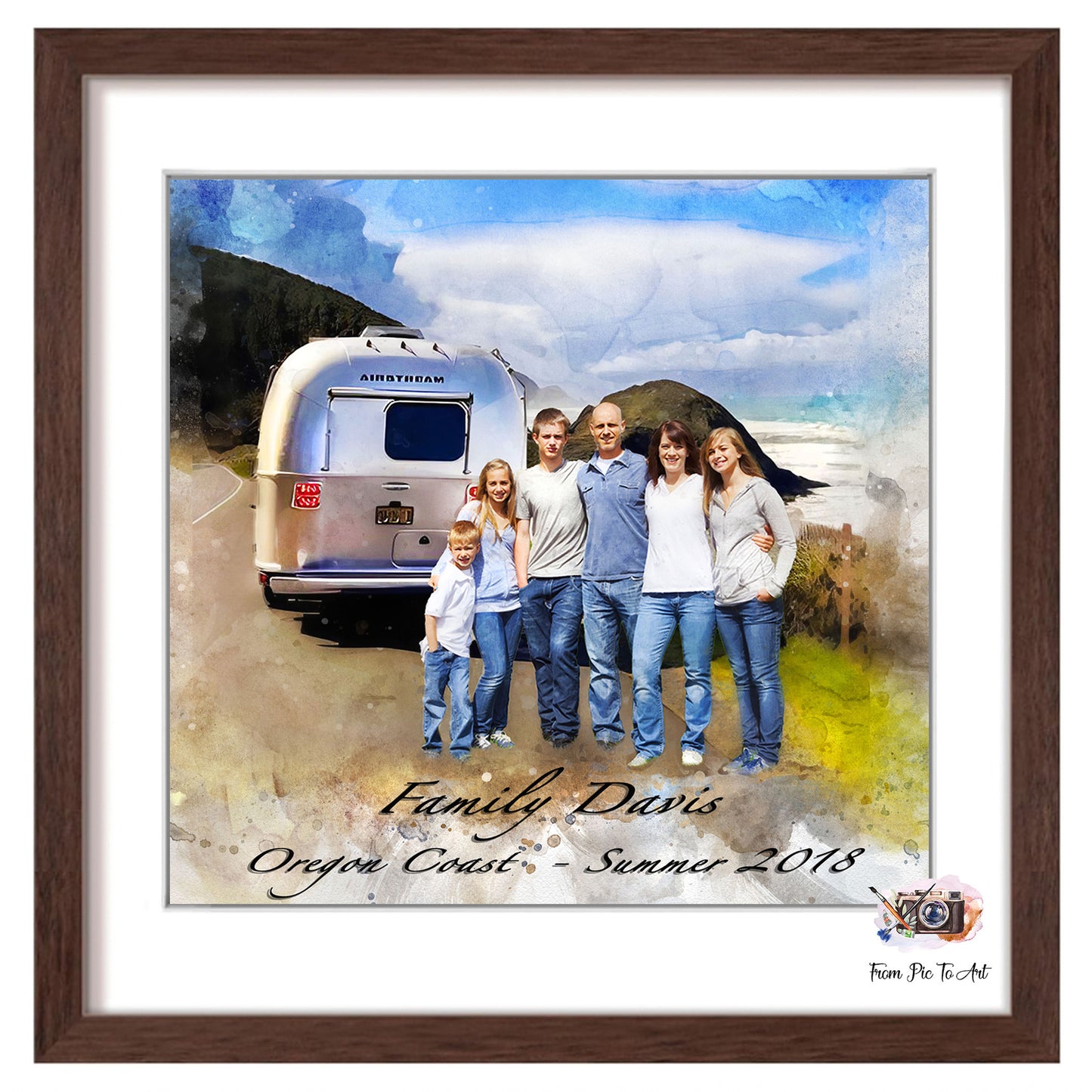Framed family watercolor Portrait with a vintage trailer in the background