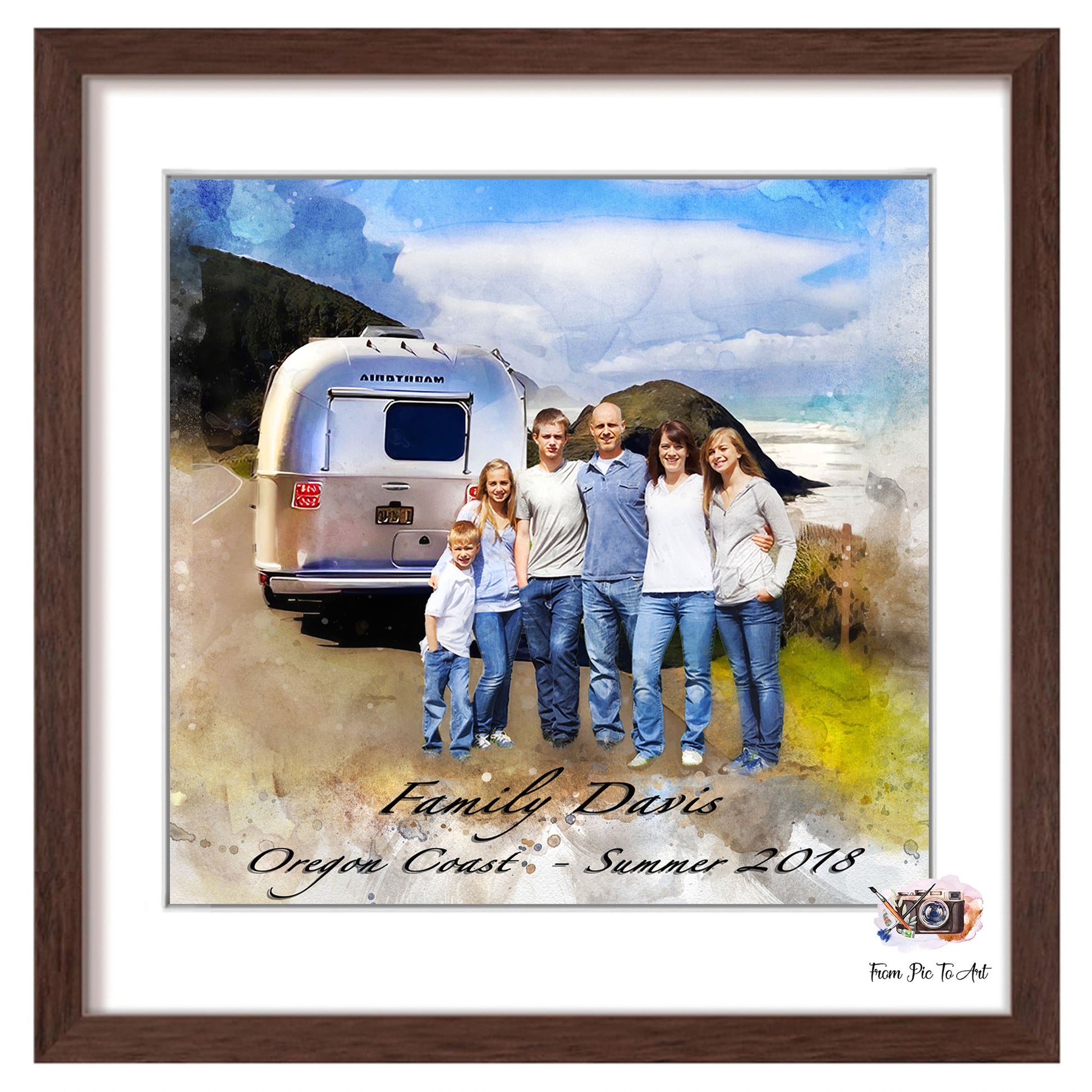 Framed family watercolor Portrait with a vintage trailer in the background