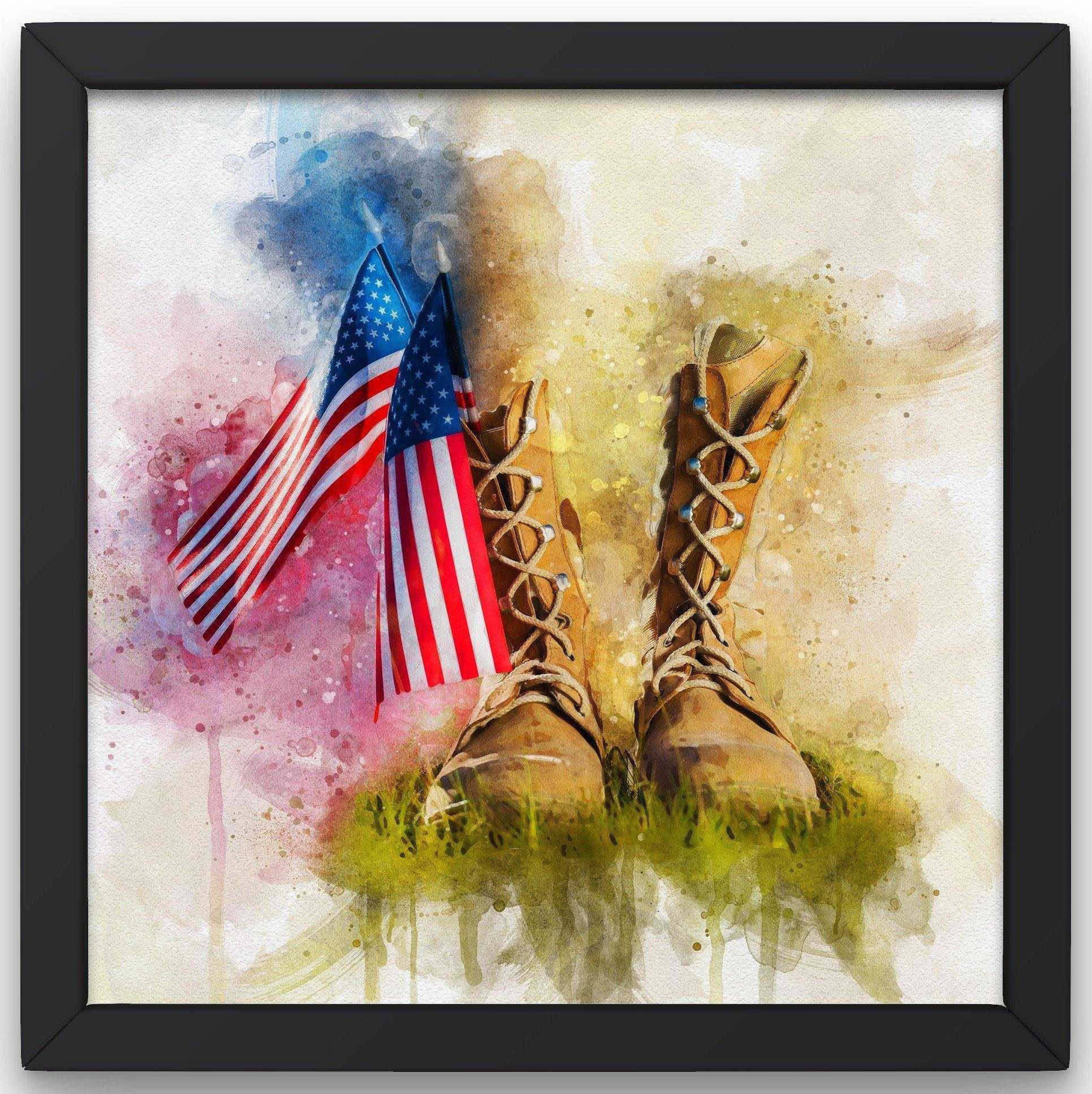 American Flag Wall Art: Watercolor painting of two American flags next to a pair of military boots standing in green grass, with a white and colorful splash background, framed in black.