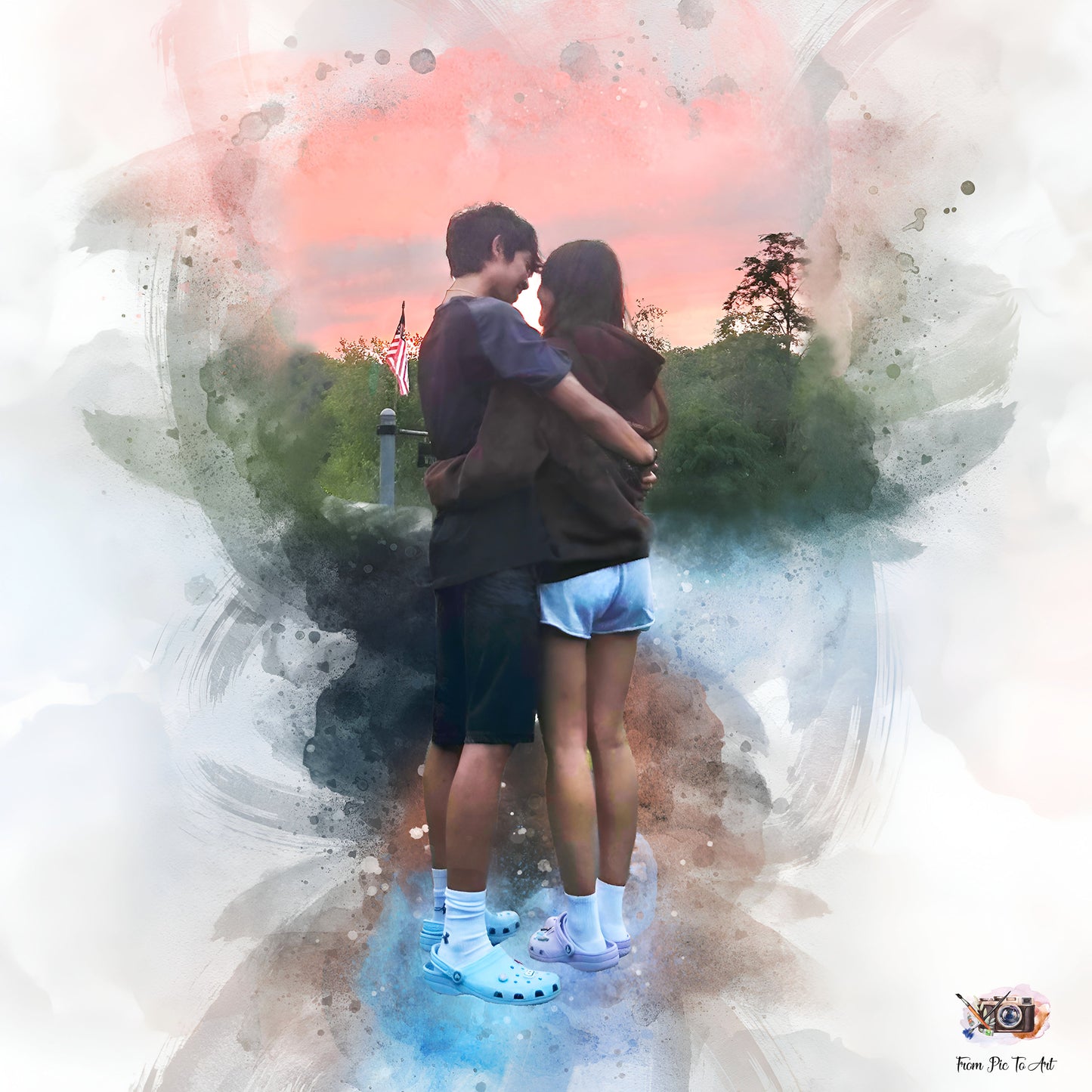 Romantic couple portrait embracing face-to-face. Demonstration piece from the Back Side Portrait Shop.