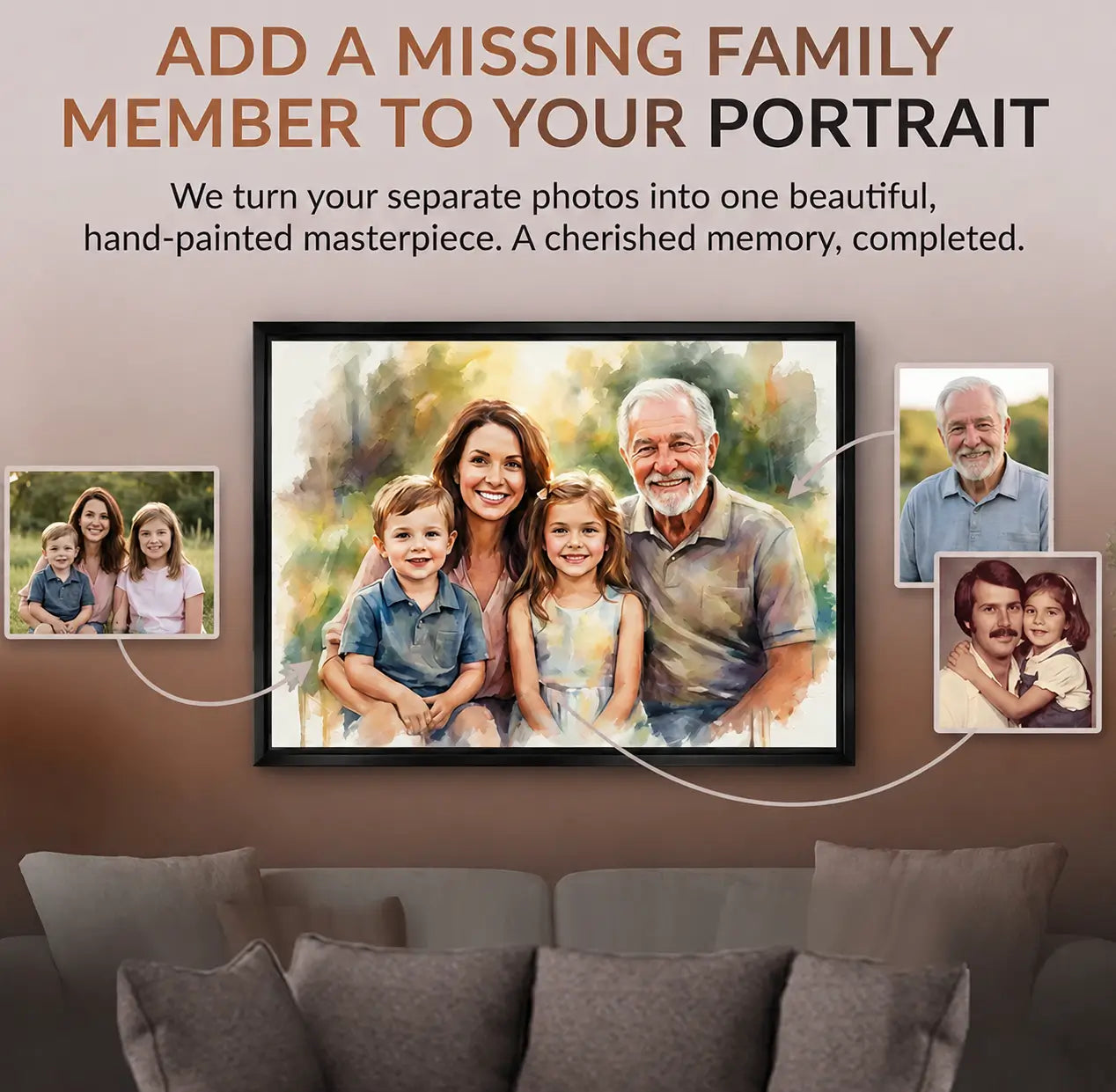 Custom family reunion portrait on black framed canvas featuring merged family photos and added loved ones in a watercolor-style memorial artwork.