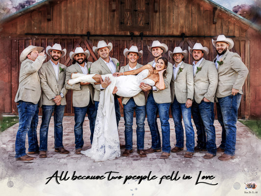 A bride in a white dress being playfully held by a group of cowboy-hatted groomsmen in front of a rustic wooden barn — a custom watercolor-style wedding portrait, perfect as a rustic wedding gift or anniversary gift in farmhouse style FromPicToArt