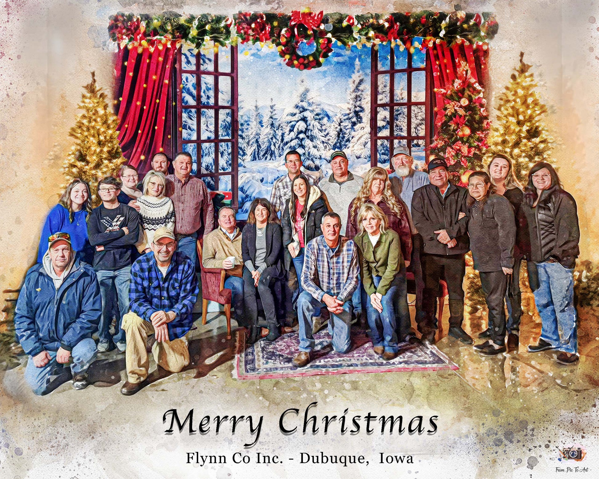 Corporate employee-appreciation gift: Custom staff-portrait painting of a large group posing for a Christmas photo. Personalized thank you corporate gift for employees   