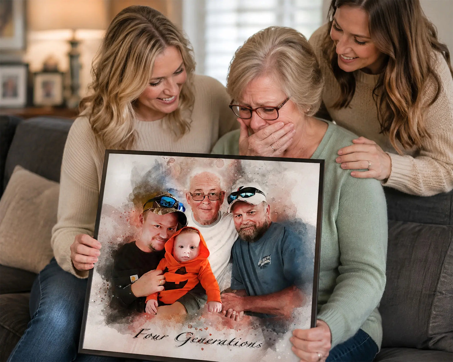 ​Emotional family reaction with crying Grandma  to a framed watercolor “Four Generations” portrait as three women admire the custom memorial artwork together.