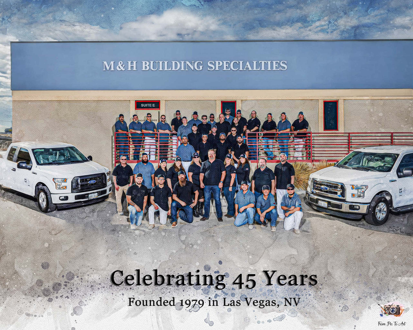 Custom corporate group portrait painting of a large team posing outdoors in front of a company building. Personalized employee appreciation gift for staff recognition and corporate gift idea